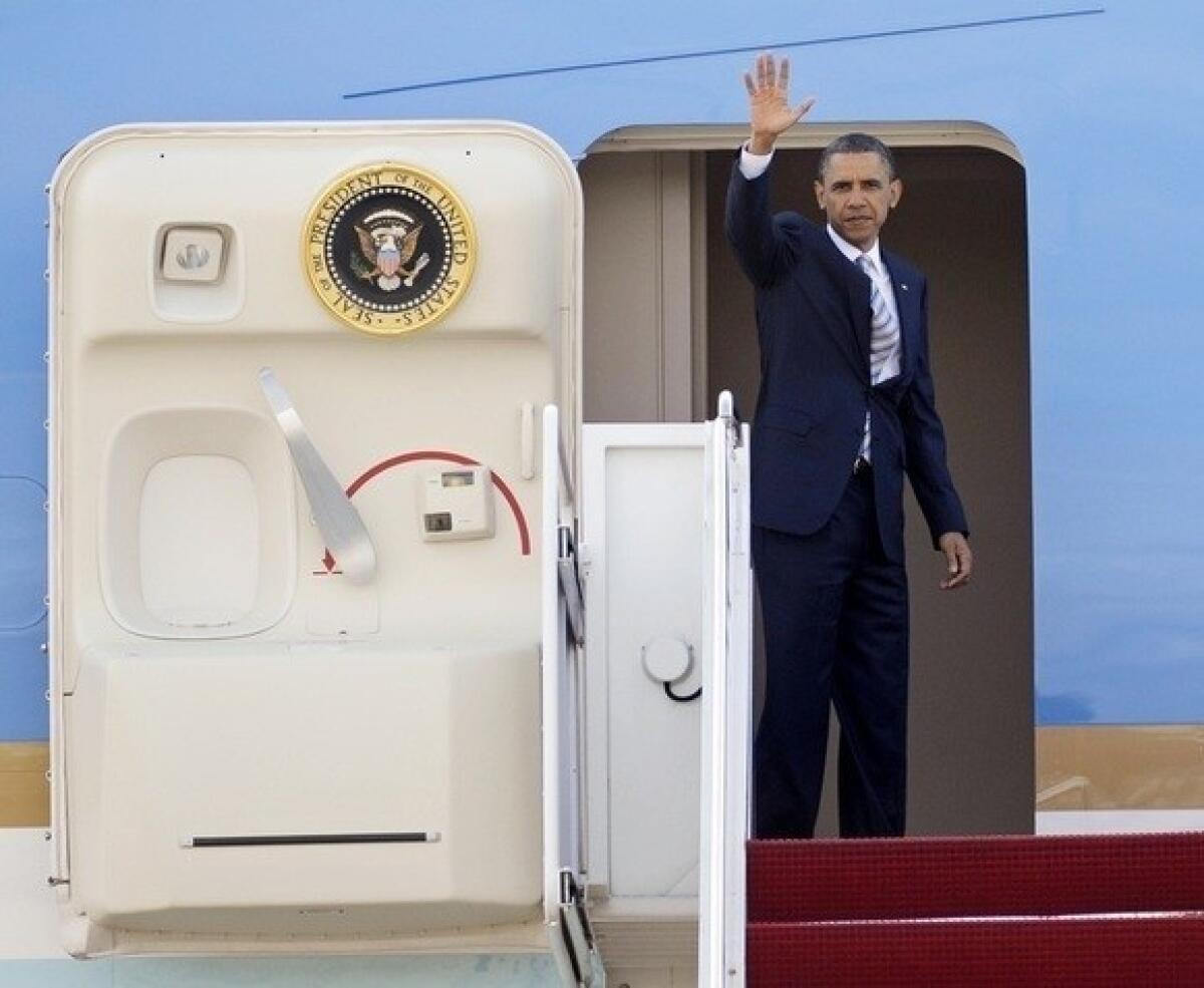 President Obama is expected to arrive Monday afternoon in Los Angeles. On his itinerary are three fundraisers and an appearance at DreamWorks Animation. Above, a file photo shows Obama boarding Air Force One at Andrews Air Force Base.