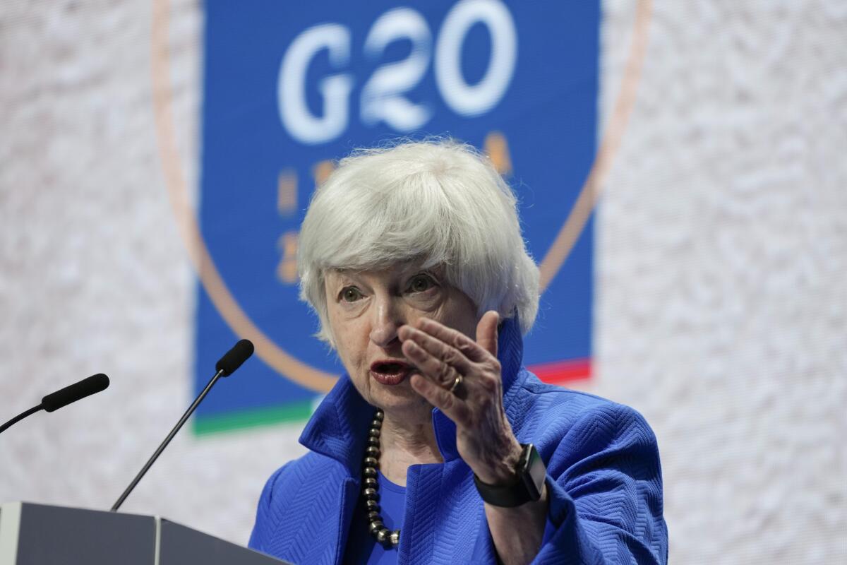 FILE - In this July 11, 2021 file photo, Treasury Secretary Janet Yellen speaks during a press conference at a G20 Economy, Finance ministers and Central bank governors' meeting in Venice, Italy. The date that the government could face an unprecedented default on its obligations will most likely occur between mid-October and mid-November, a Washington think tank said Friday, Sept. 10. (AP Photo/Luca Bruno, File)