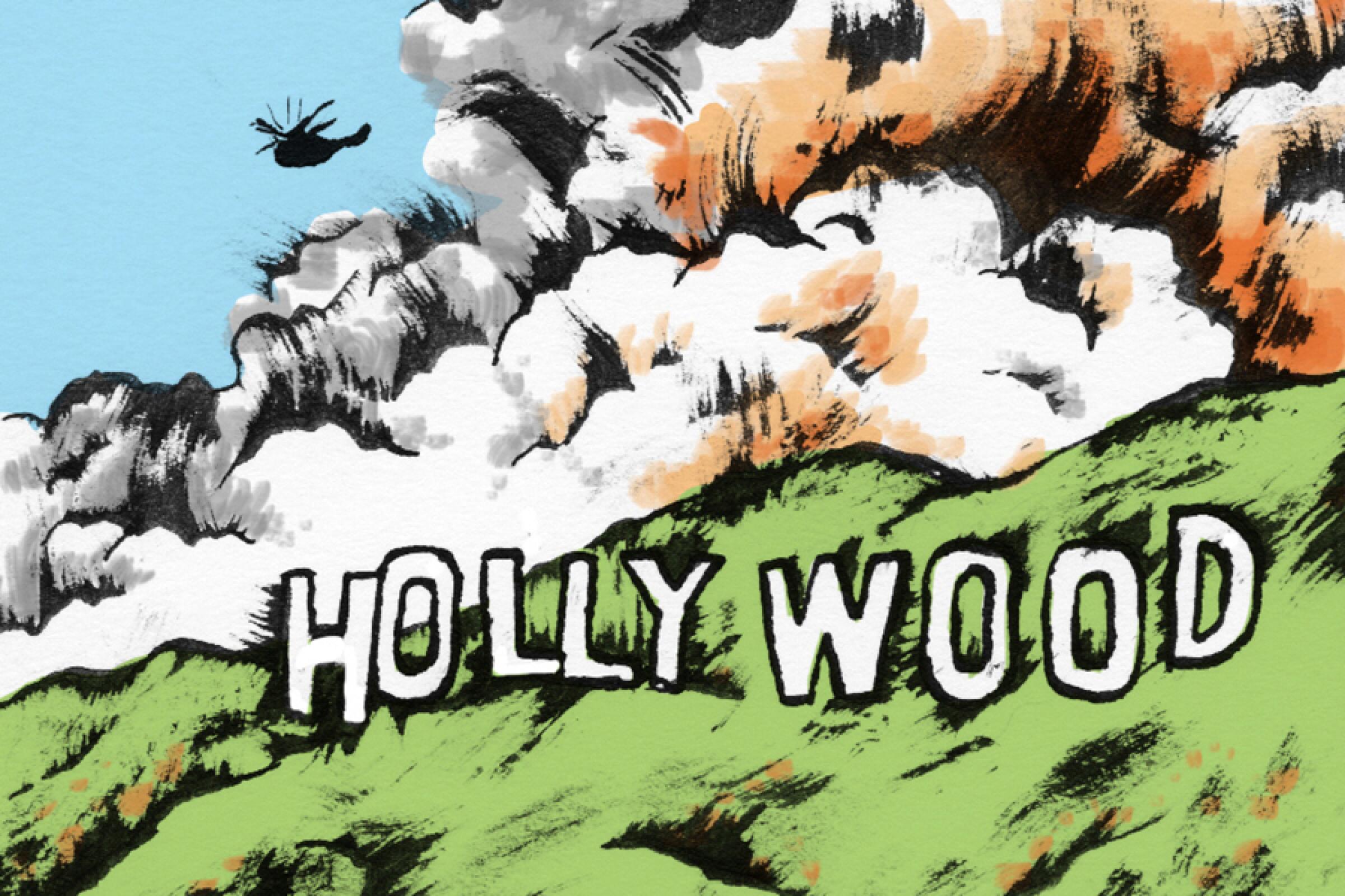 An illustration of the hill with the Hollywood sign on fire with a helicopter above