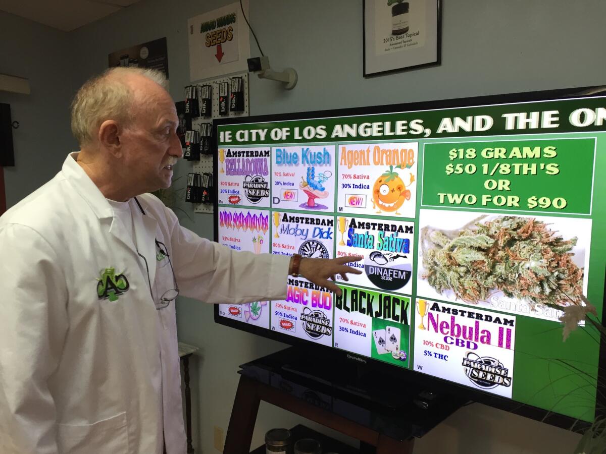 Now that California voters have legalized pot, Carl Clines of California Alternative Caregivers in Venice expects to expand his small dispensary or sell it and retire. Here, he points to his menu of strains, which he says are grown from seeds he obtains each year in Spain.