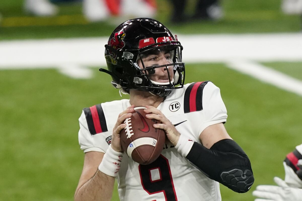 Ball State quarterback Drew Plitt looks downfield during the Mid-American Conference championship game Dec. 18, 2020.