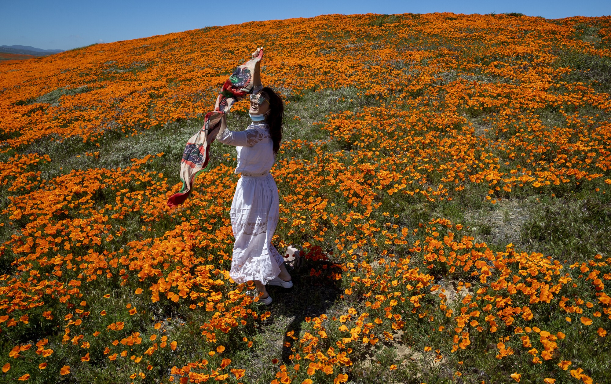 Vivi Zhao of Santa Monica dances among blooming California poppies in Lancaster outside of the perimeter of the California Poppy State Natural Reserve.
