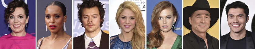 This combination photo of celebrities with birthdays from Jan. 30-Feb. 5 shows Olivia Colman, from left, Kerry Washington, Harry Styles, Shakira, Isla Fisher, Clint Black and Henry Golding. (AP Photo)