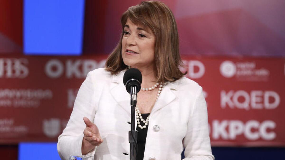 Rep. Loretta Sanchez makes her opening statement during the Senate debate in San Diego on May 10.