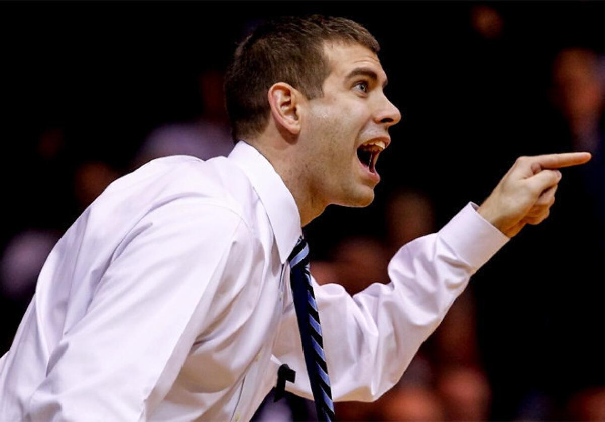 Butler Coach Brad Stevens protests a call during the game against the Rhode Island.