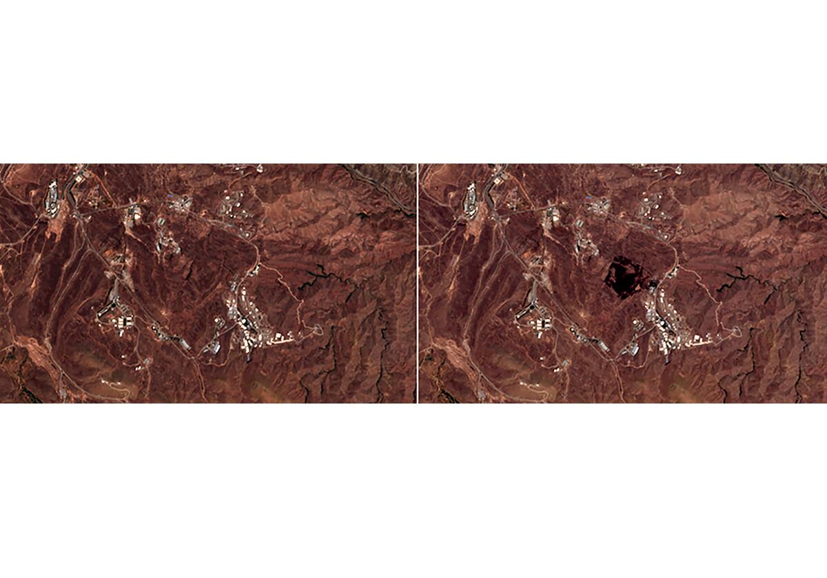 European Commission's Sentinel-2 satellite shows the site of an explosion, before, left, and after, right.