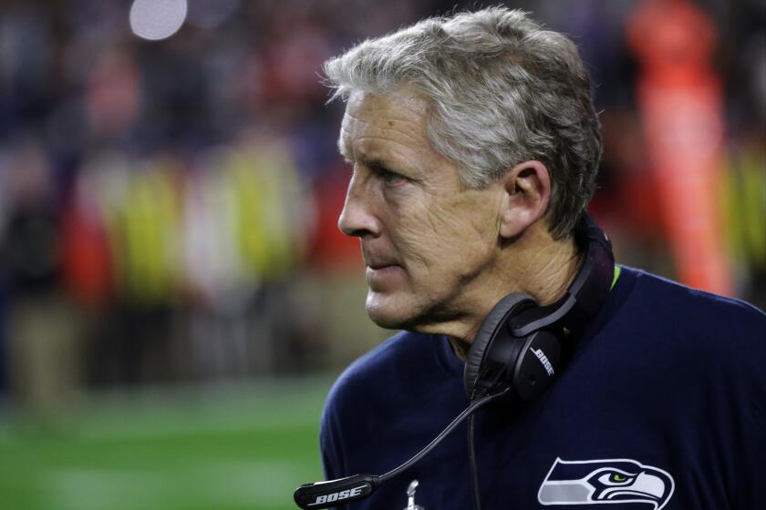Seahawks Coach Pete Carroll looks on from the sidelines during the second half of Super Bowl XLIX. Seattle lost to the New England Patriots, 28-24.