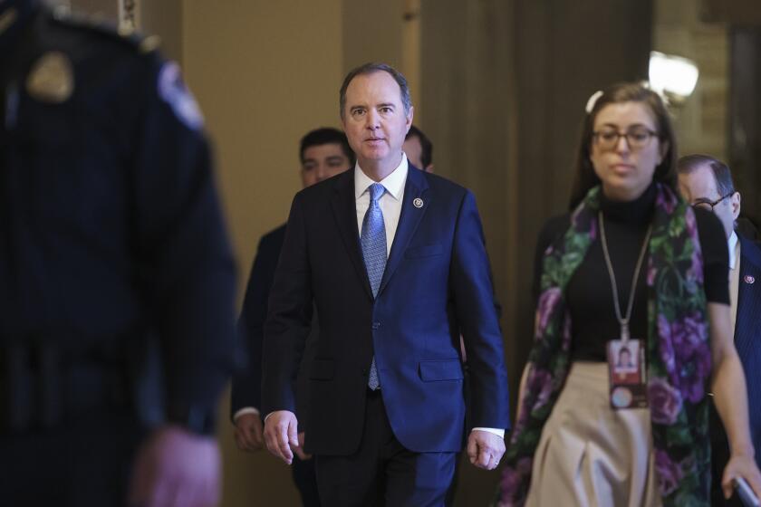 House Intelligence Committee Chairman Adam Schiff, D-Calif., the lead House Democratic impeachment manager, arrive for the start of the third day of the trial of President Donald Trump on charges of abuse of power and obstruction of Congress, at the Capitol in Washington, Thursday, Jan. 23, 2020. (AP Photo/J. Scott Applewhite)