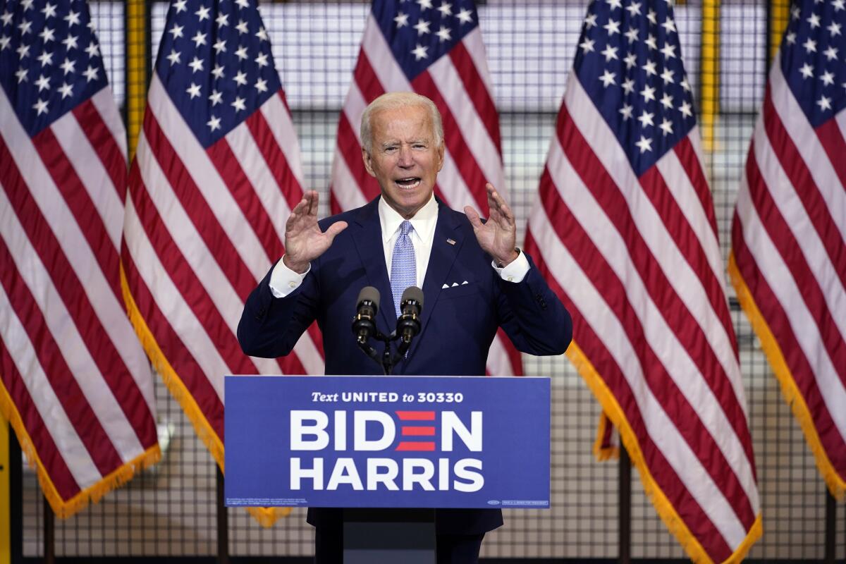 Democratic presidential nominee Joe Biden speaks at a campaign event Monday at Mill 19 in Pittsburgh.