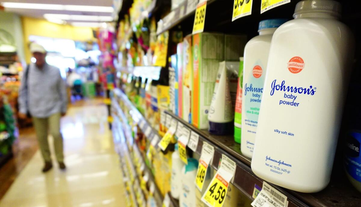 Johnson's baby powder on a supermarket shelf in 2017.