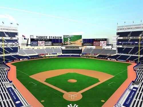 An artist's rendering of the business end of the new Yankee Stadium shows the playing field from above and behind home plate. The project, designed by HOK Sport, the firm behind San Franciscos AT&T Park and others, comes with a $1.3-billion price tag.