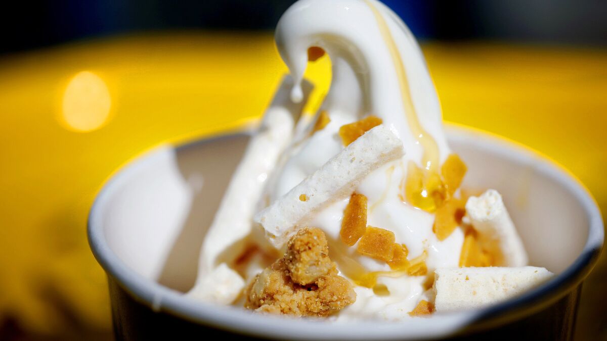The Milk & Honey dessert on the NoMad truck includes vanilla soft serve, honey, milk meringue and honey-oat shortbread brittle.
