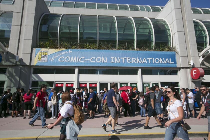The Convention Center dressed in Comic-Con signage, on Day 1 of Comic-Con 2018 in San Diego.
