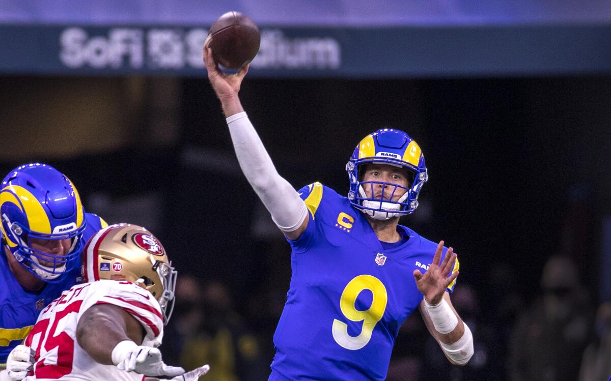 Rams quarterback Matthew Stafford throws a pass against the San Francisco 49ers in the NFC championship game on Sunday.