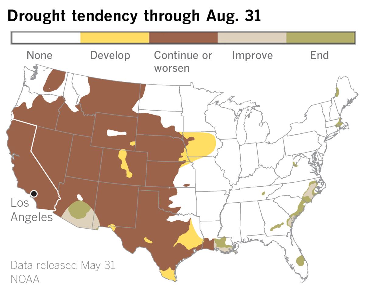 Drought tendency map shows drought forecast in most of the West.