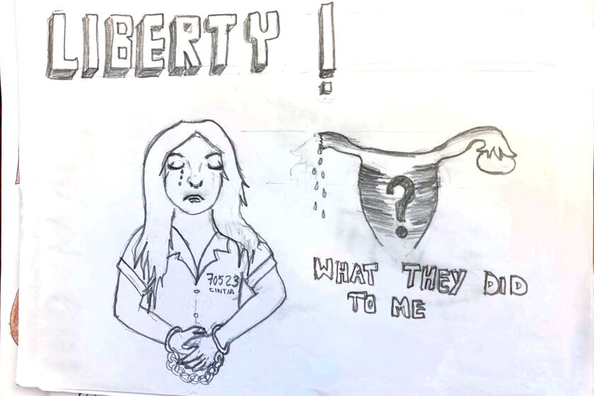 A detainee's drawing shows a question mark within a uterus.