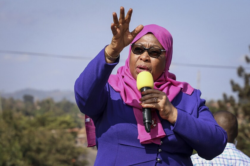 FILE - In this Tuesday, March 16, 2021, file photo, Tanzania's President Samia Suluhu Hassan speaks during a tour of the Tanga region of Tanzania. Tanzania's new president appears to be taking a new, scientific approach to combat the COVID-19 pandemic. President Samia Suluhu Hassan said Tuesday April 6, 2021, she will form a technical committee to advise her about the scope of COVID-19 infections in the country and how to respond to the pandemic. (AP Photo/File)