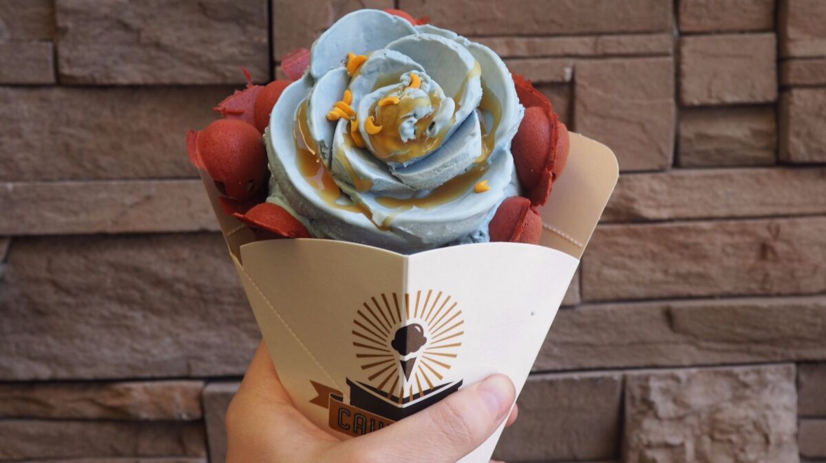 A red velvet Puffle (a Hong Kong-style egg waffle ice cream cone) from Cauldron Ice Cream in Santa Ana.