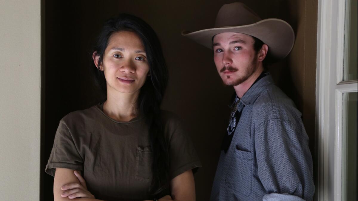 Director Chloe Zhao, left, and former bronco rider Brady Jandreau of the critically acclaimed indie drama "The Rider."
