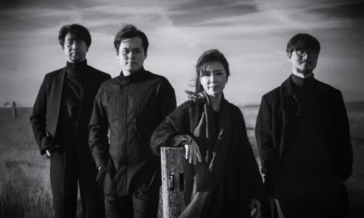 The innovative Korean music group Black String, led by Yoon Jeong Heo (third from left), fuses the traditional music of its homeland with Western styles and an emphasis on improvisation.
