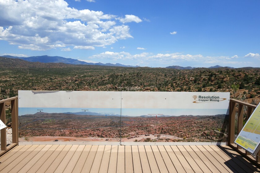 FILE - This June 15, 2015, file photo shows in the distance, part of the Resolution Copper Mining land-swap project in Superior, Ariz. A group of Apaches who have tried for years to reverse a land swap in Arizona that will make way for one of the largest and deepest copper mines in the U.S. sued the federal government Tuesday, Jan. 12, 2021. Apache Stronghold argues in the lawsuit filed in U.S. District Court in Arizona that the U.S. Forest Service cannot legally transfer land to international mining company Rio Tinto in exchange for eight parcels the company owns around Arizona. (AP Photo/Ross D. Franklin, File)