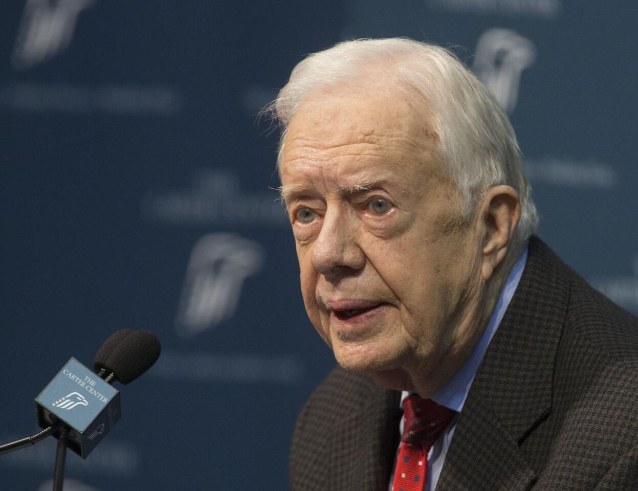 Former President Jimmy Carter talks about his cancer diagnosis during a news conference at the Carter Center in Atlanta on Aug. 20, 2015.