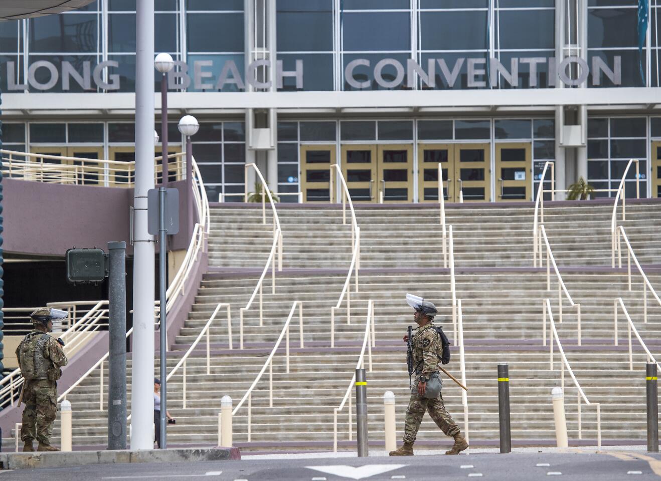California National Guard members patrol near the Long Beach Convention Center.