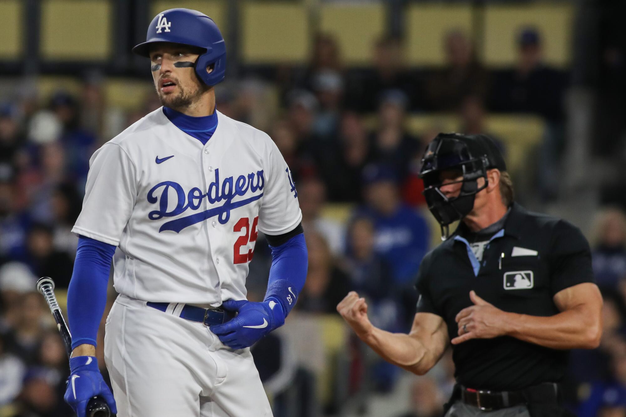 Dodgers' Trayce Thompson reacts after striking out against the Chicago Cubs on April 14 at Dodger Stadium.