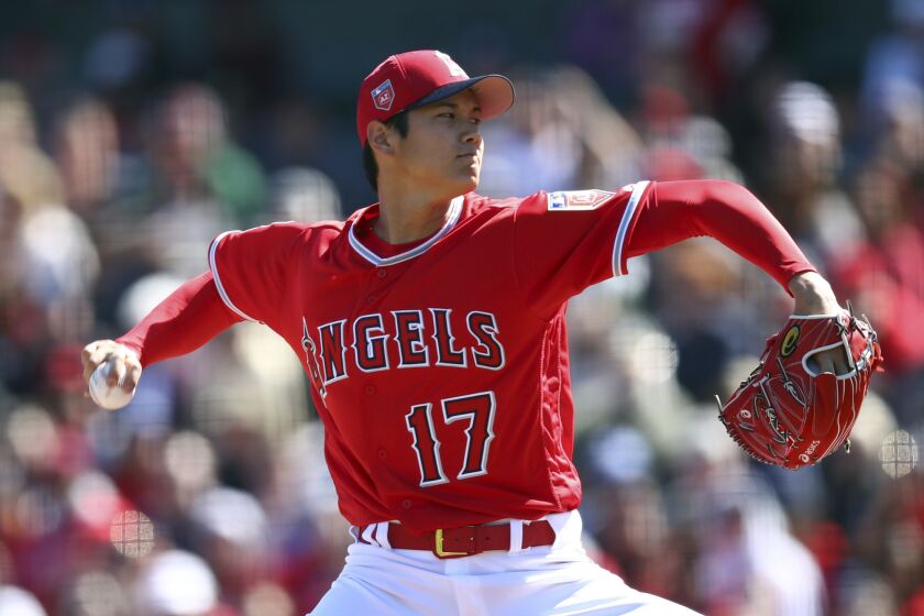 FILE - In this Feb. 24, 2018, file photo, Los Angeles Angels' Shohei Ohtani works against the Milwaukee Brewers during the first inning of a spring training baseball game, in Tempe, Ariz. Ohtani is expected to start the season in the Angelsâ specially designed six-man rotation. Los Angeles also plans to use Ohtani as its designated hitter for a couple of days in between his starts, providing ample opportunity for the 23-year-old phenom to adjust to the speed and quirks of the big-league game.(AP Photo/Ben Margot, File)
