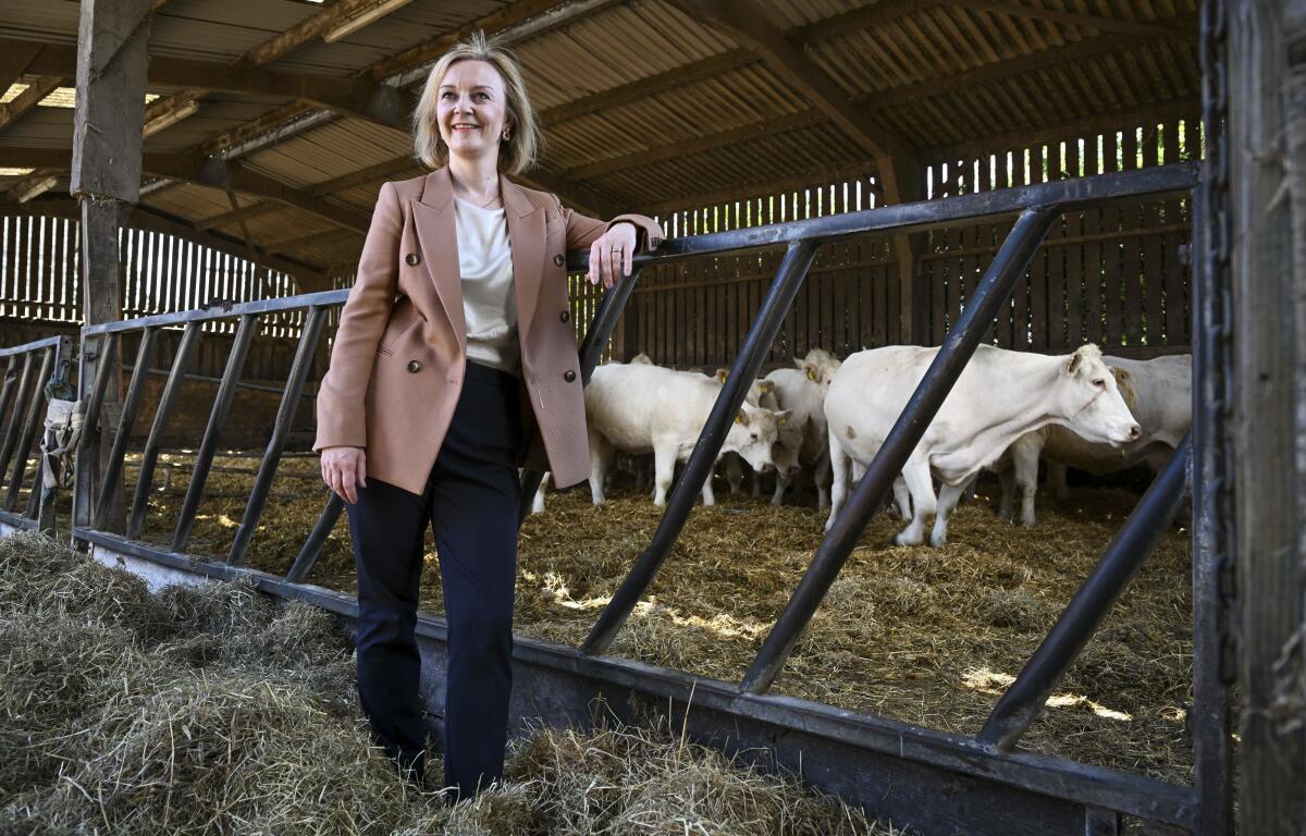 Liz Truss visits Twelve Oaks Farm in Newton Abbot, south west England, Monday Aug. 1, 2022. Rishi Sunak and Foreign Secretary Liz Truss are running to succeed Boris Johnson as party leader. The winner will be chosen by Conservative Party members across the country, and polls of party members give Truss the edge. (Finnbarr Webster/PA via AP)