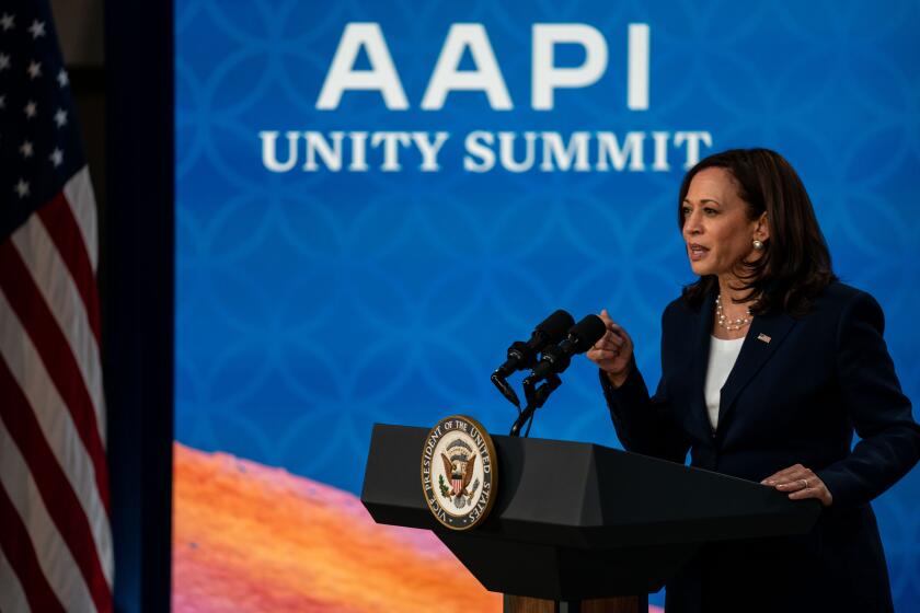 WASHINGTON, DC - MAY 19: Vice President Kamala Harris delivers remarks to the Asian Pacific American Heritage Month Unity Summit from the South Court Auditorium in the Eisenhower Executive Office Building on the White House campus on Wednesday, May 19, 2021. (Kent Nishimura / Los Angeles Times)
