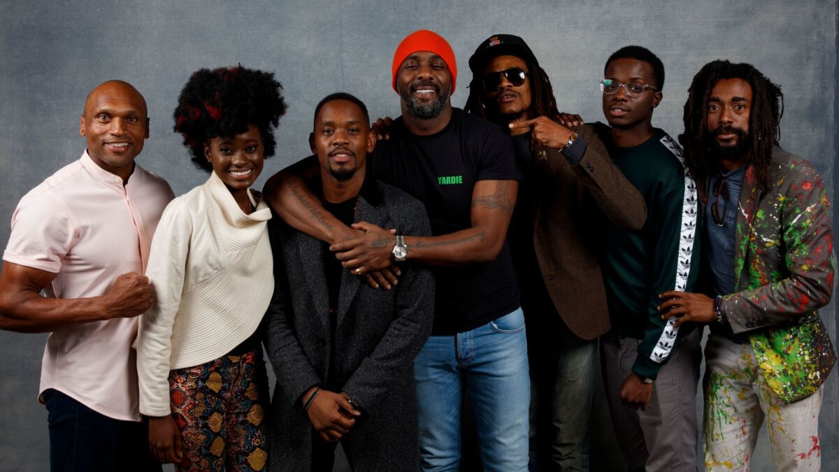 Actor Mark Riho Smith, actor Shantel Jackson, director/actor Idris Elba, actor Sheldon Shpehard, and actor Raez, from the film, "Yardie," photographed in the L.A. Times Studio at Chase Sapphire on Main, during the Sundance Film Festival.