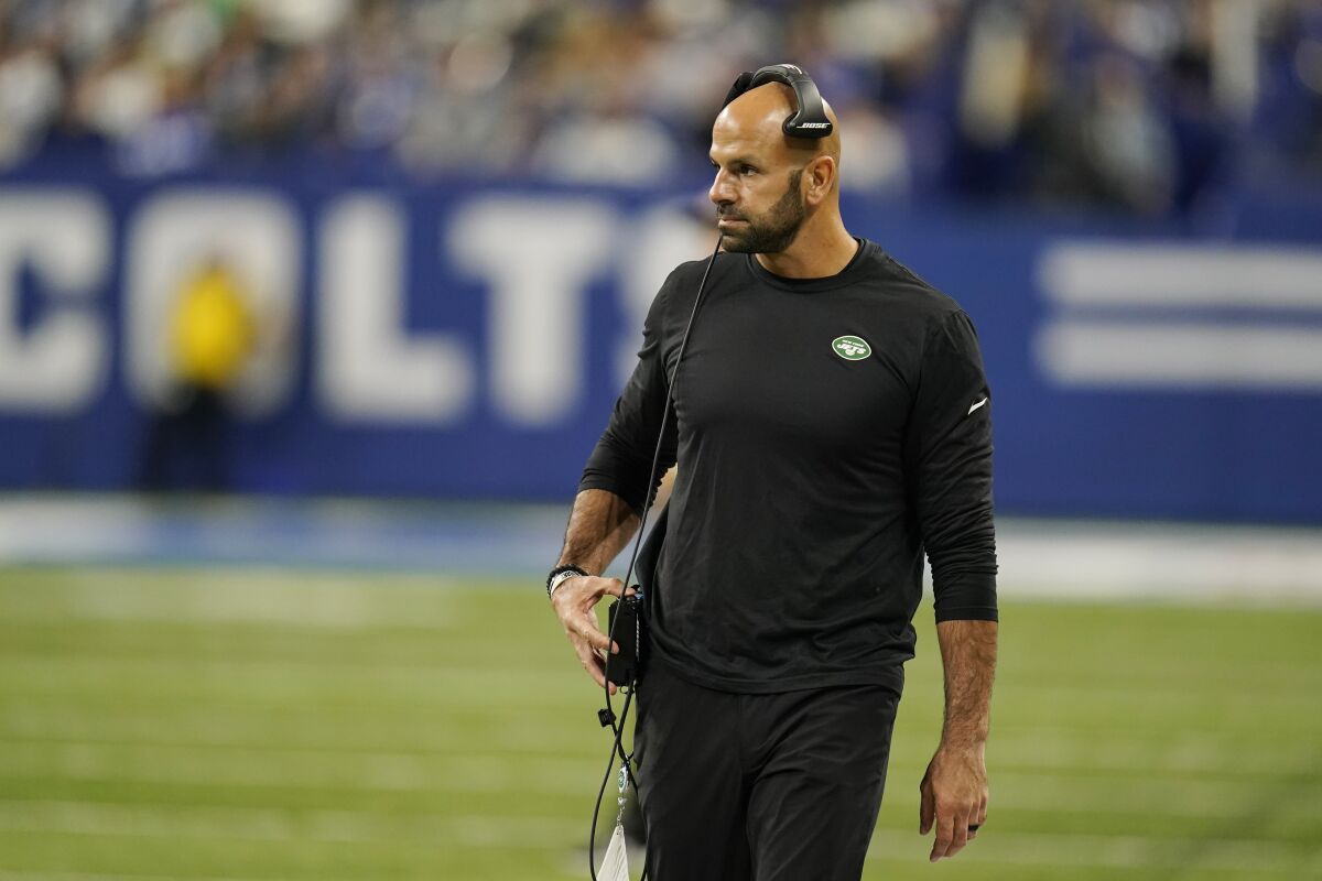 New York Jets head coach Robert Saleh watches during the first half of an NFL football game against the New York Jets, Thursday, Nov. 4, 2021, in Indianapolis. (AP Photo/Michael Conroy)