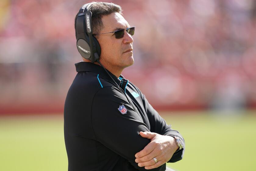 SANTA CLARA, CALIFORNIA - OCTOBER 27: Head coach Ron Rivera of the Carolina Panthers looks on from the sidelines against the San Francisco 49ers during an NFL football game at Levi's Stadium on October 27, 2019 in Santa Clara, California. (Photo by Thearon W. Henderson/Getty Images)