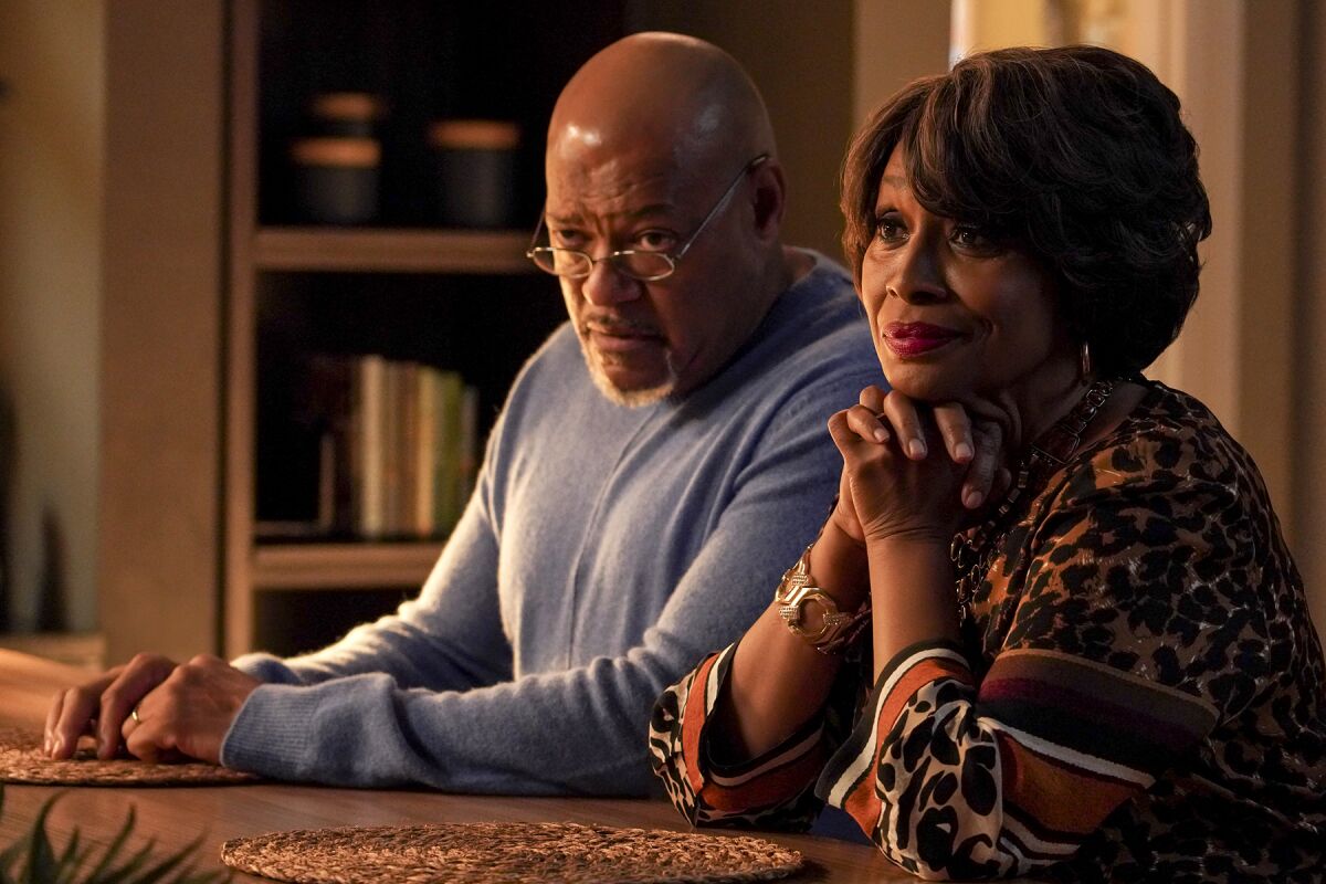 Laurence Fishburne and Jenifer Lewis in "Grown-ish" on Freeform.