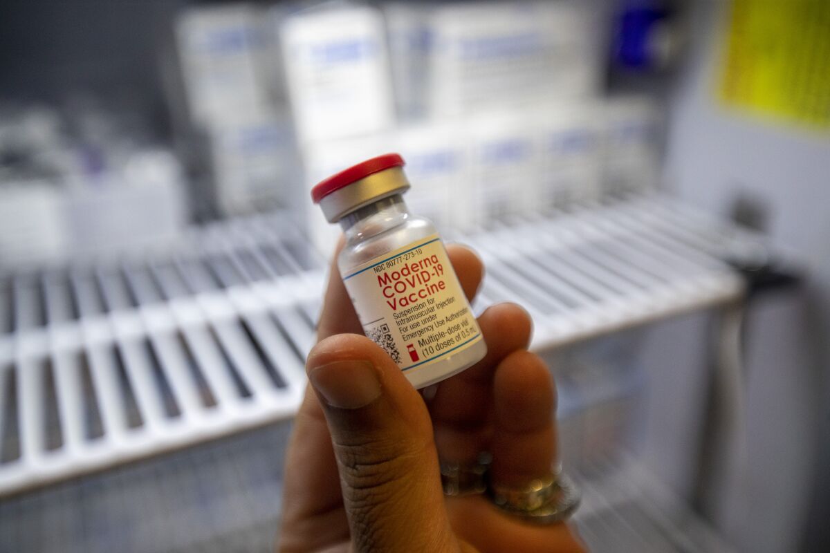 A vial of a Moderna COVID-19 vaccine at Kedren Health in Los Angeles.