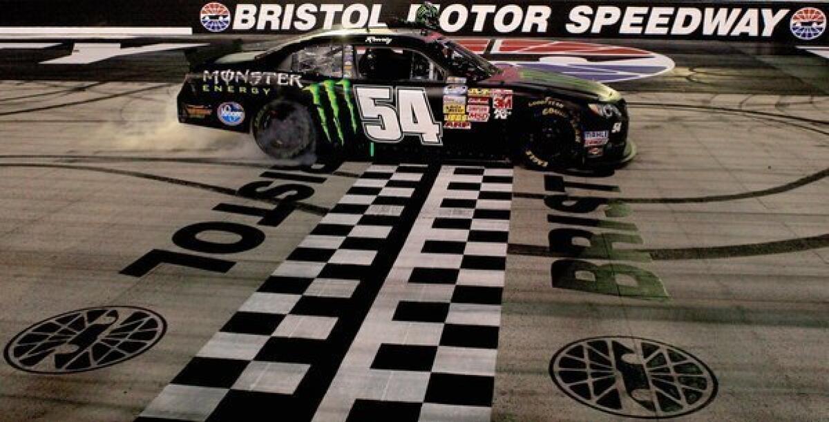 Kyle Busch celebrates his victory at the Nationwide Series Food City 250 at Bristol Motor Speedway on Friday with a burnout.