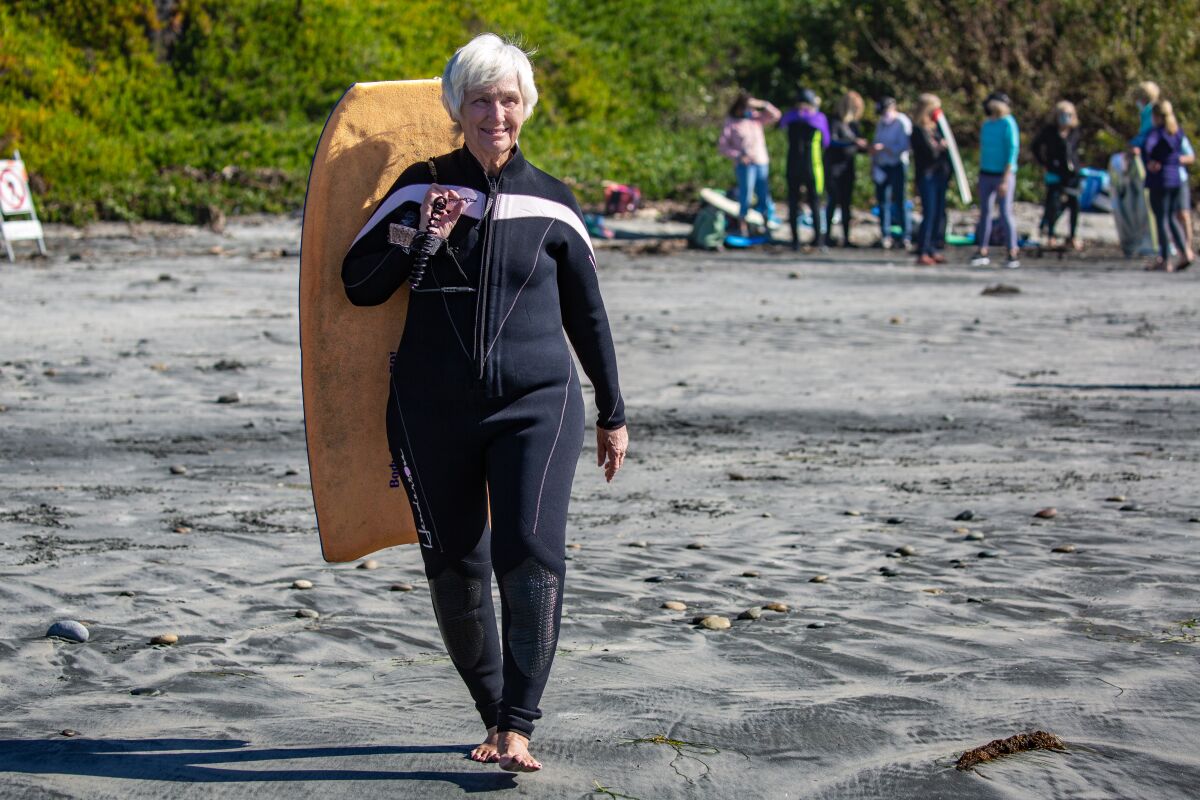 Fran Dyer of the Newcomers Club of San Dieguito's Boogie Board group at Fletcher Cove.