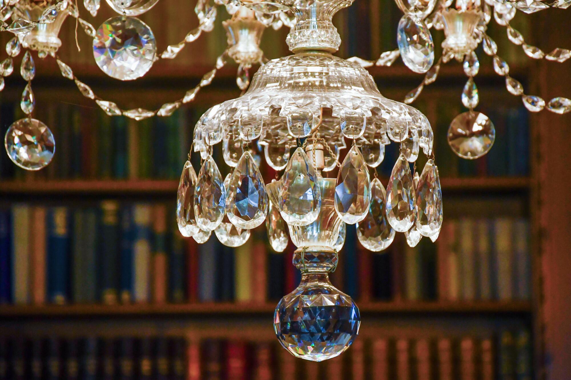 A chandelier dangles in the library of the Bellosguardo Estate in Santa Barbara.