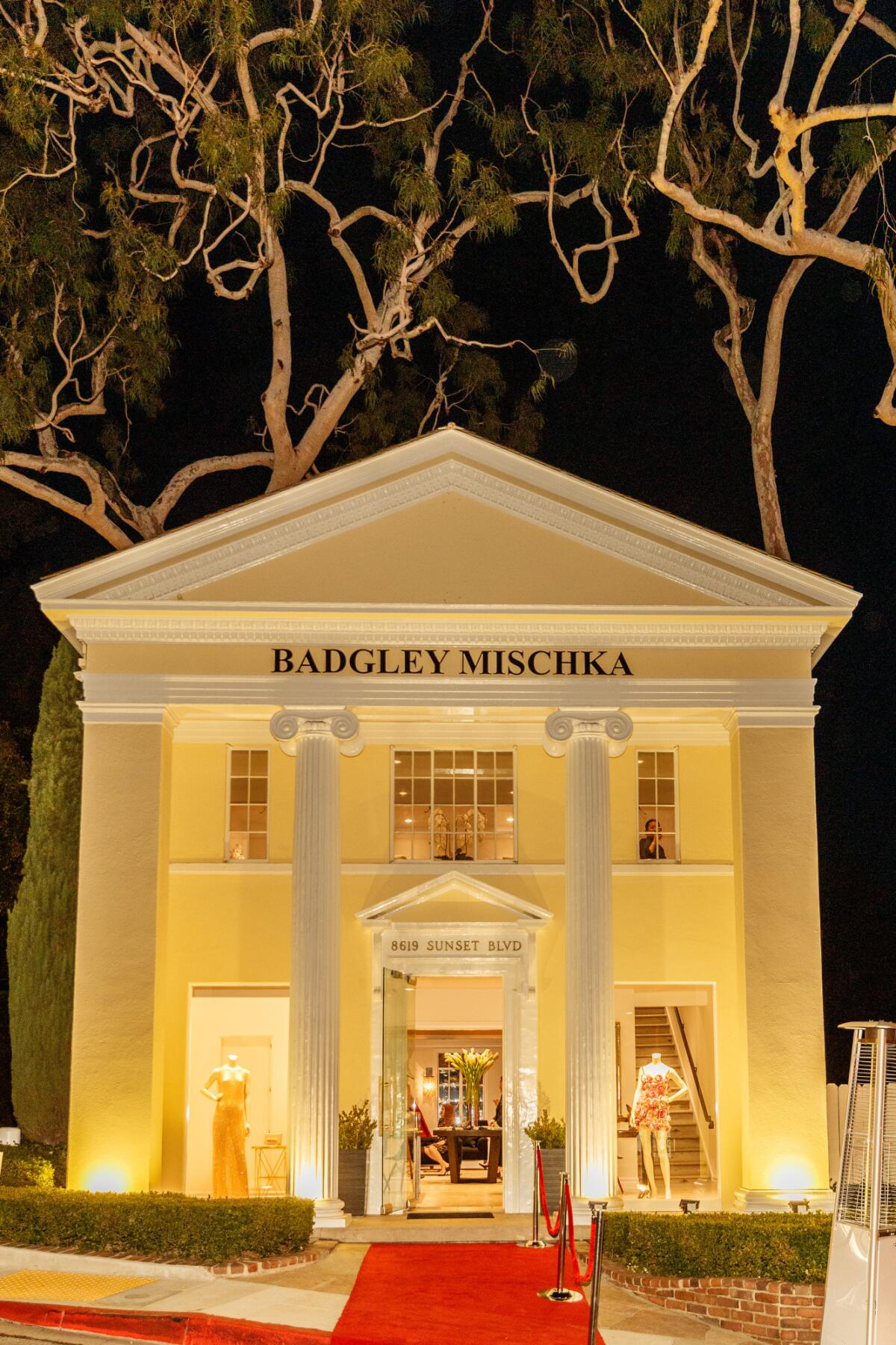 A look at the Hollywood Regency-style exterior of the new Badgley Mischka flagship store in West Hollywood during an official opening party.