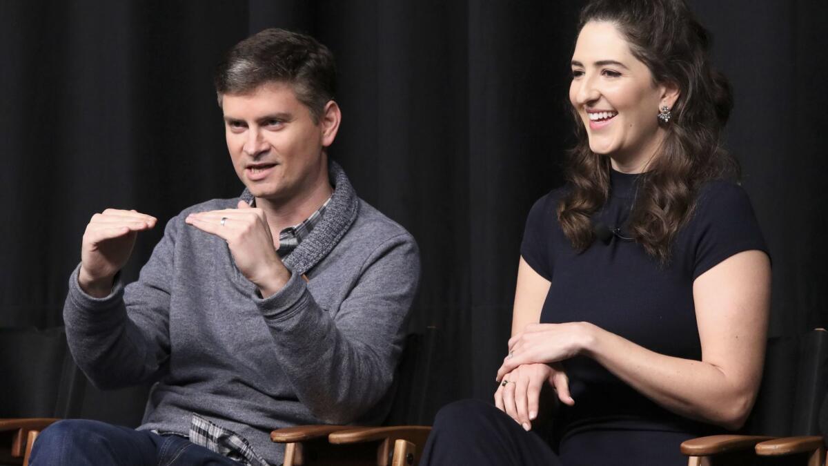 "The Good Place" creator Michael Schur and actress D'Arcy Carden on a panel during the TCAs in January of 2017.