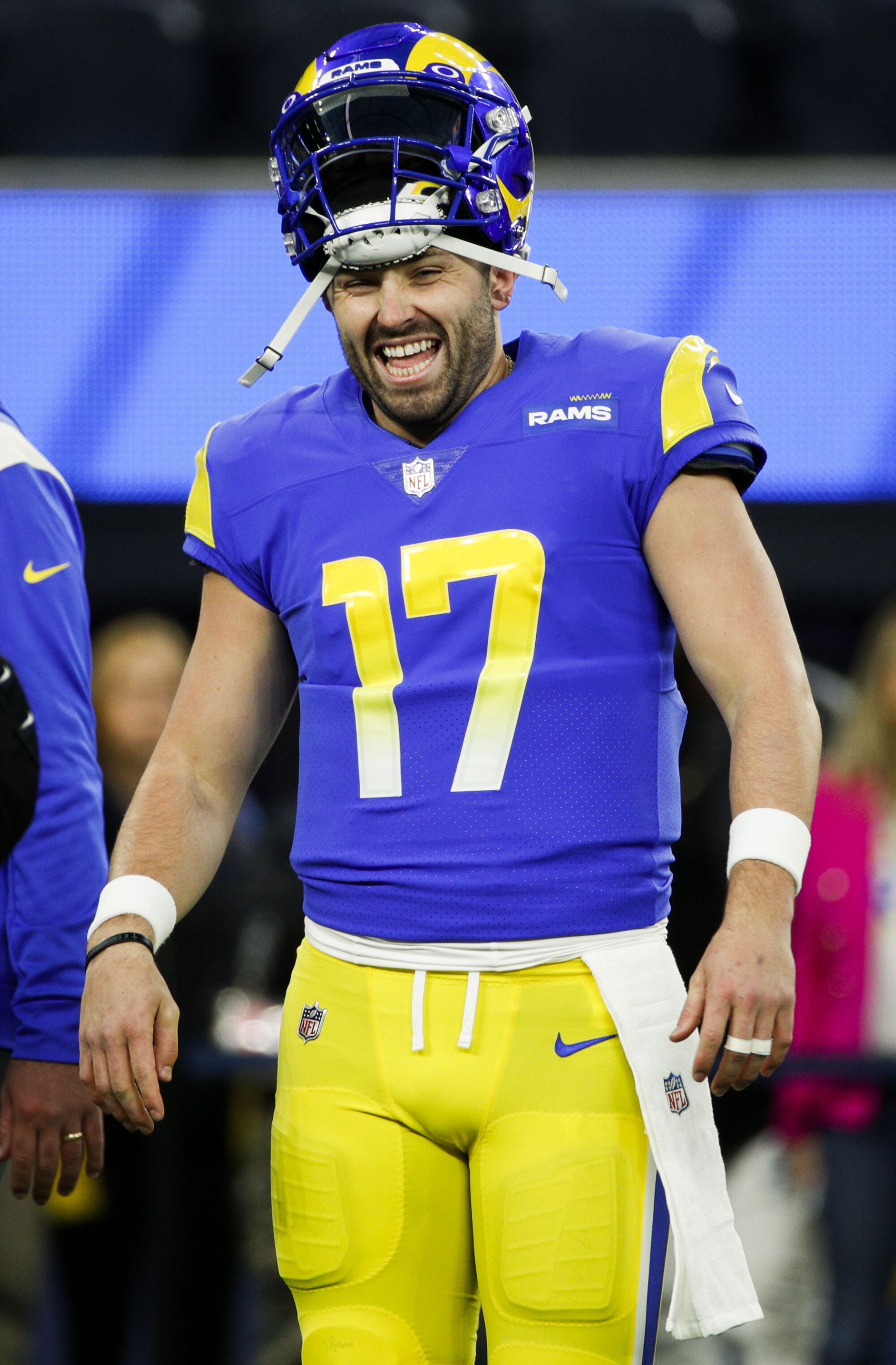 Quarterback Baker Mayfield smiles before his debut with the Rams.