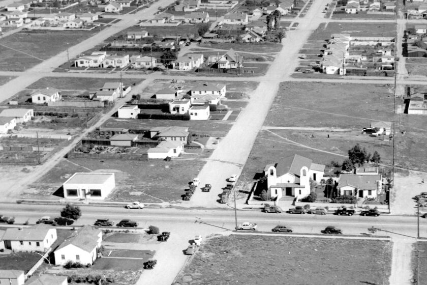 This 1945 Howard Rozelle aerial shows the original Saint Brigid church at Cass and Missouri streets. 