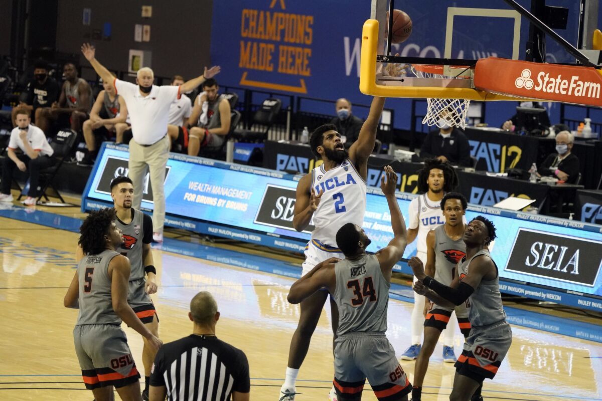 UCLA's Cody Riley shoots against Oregon State on Jan. 30, 2021, in Los Angeles.
