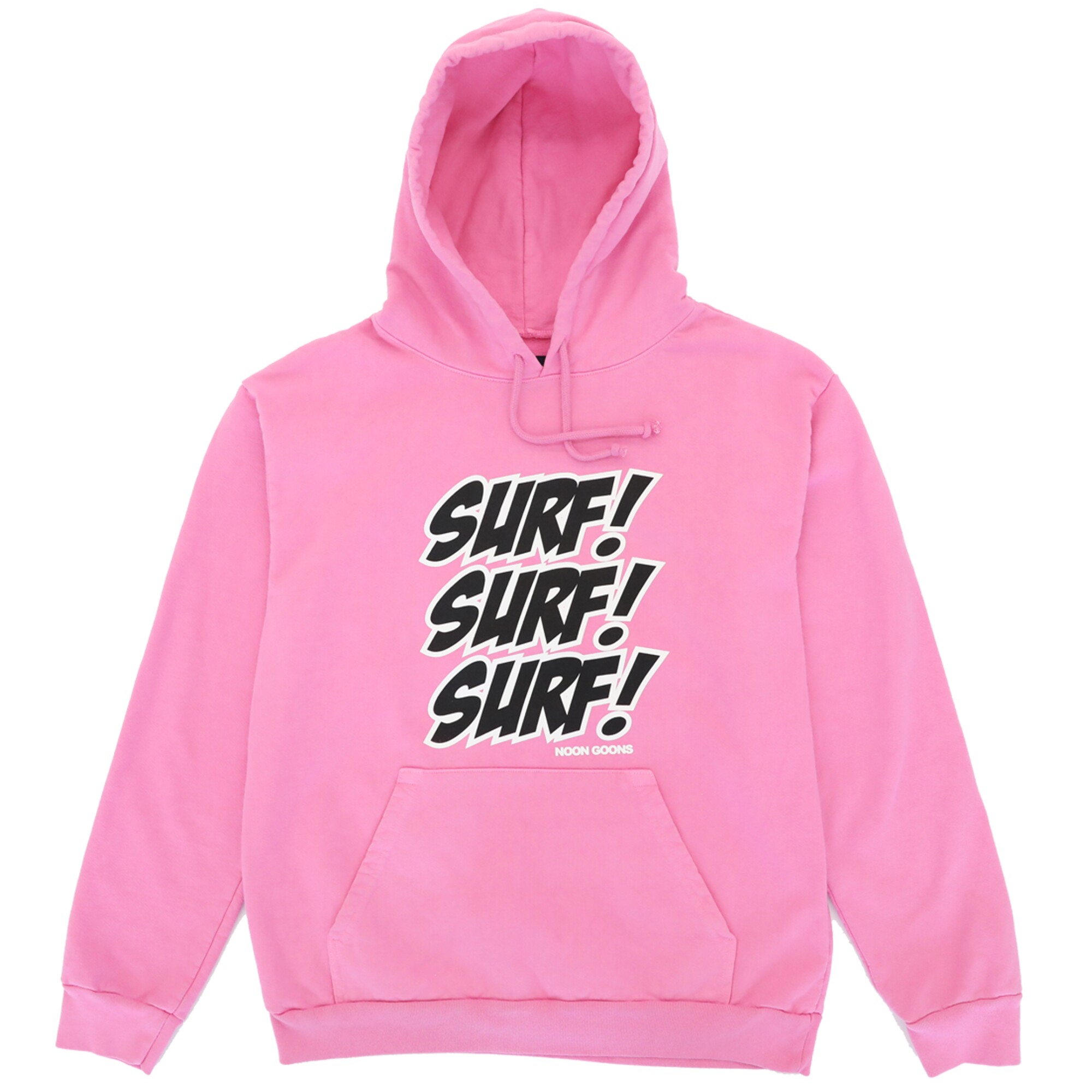 Pink hoodie with "Surf! Surf! Surf!" on it