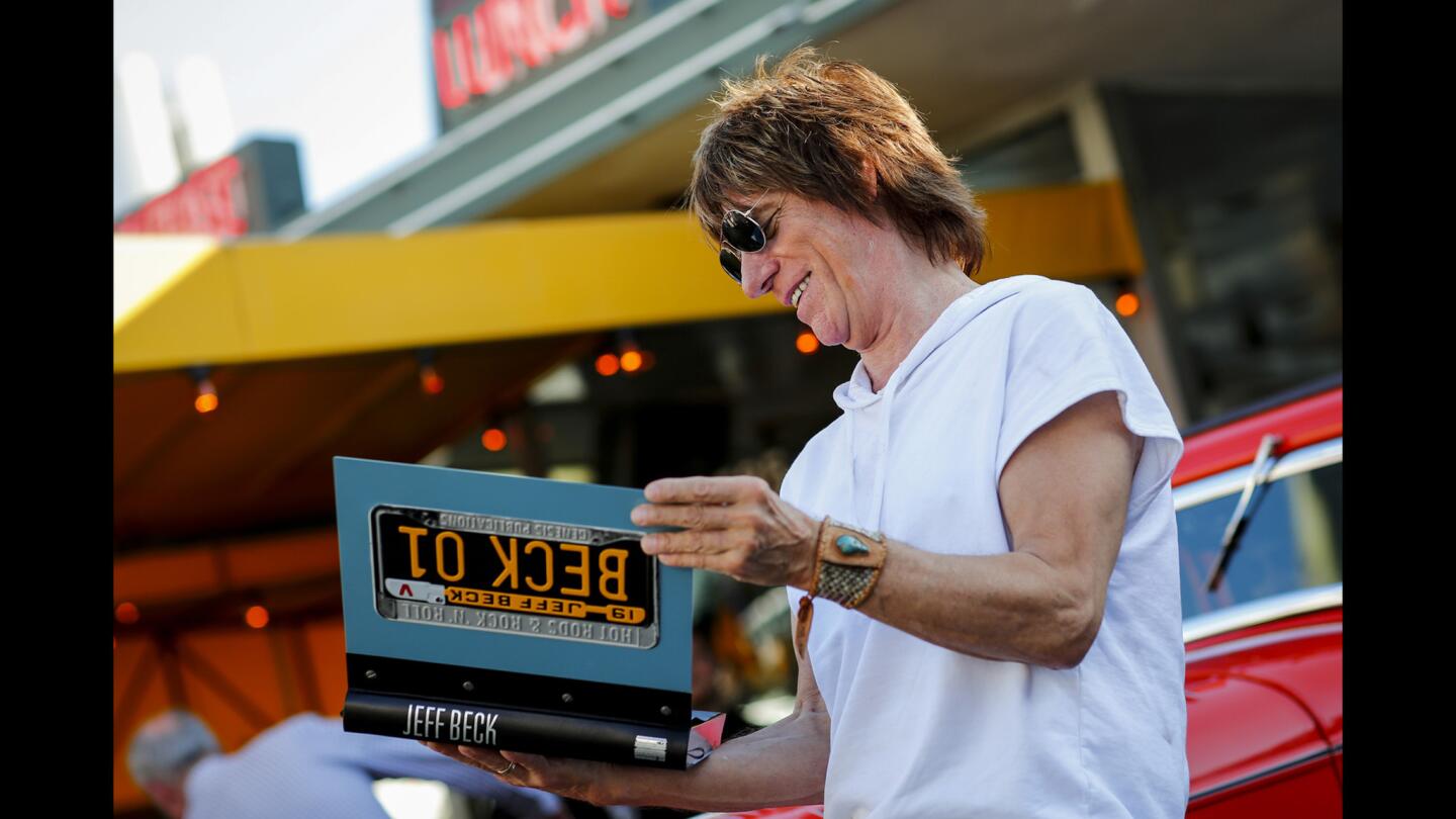 Jeff Beck arrives at Mel's Drive-In in West Hollywood for the launch party of his coffee-table book, "Beck 01," on Aug. 8.