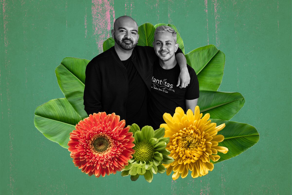 Plantiitas shop owners Anthony Diaz and Kevin Alcaraz in a photo collage amid flowers and leaves.