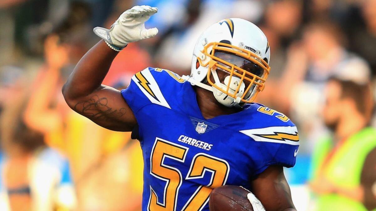 Chargers linebacker Denzel Perryman celebrates after recovering a fumble against the Cleveland Browns in December 2017. Perryman is eager to play his role for the Chargers' defense after his 2018 season was derailed by injury.