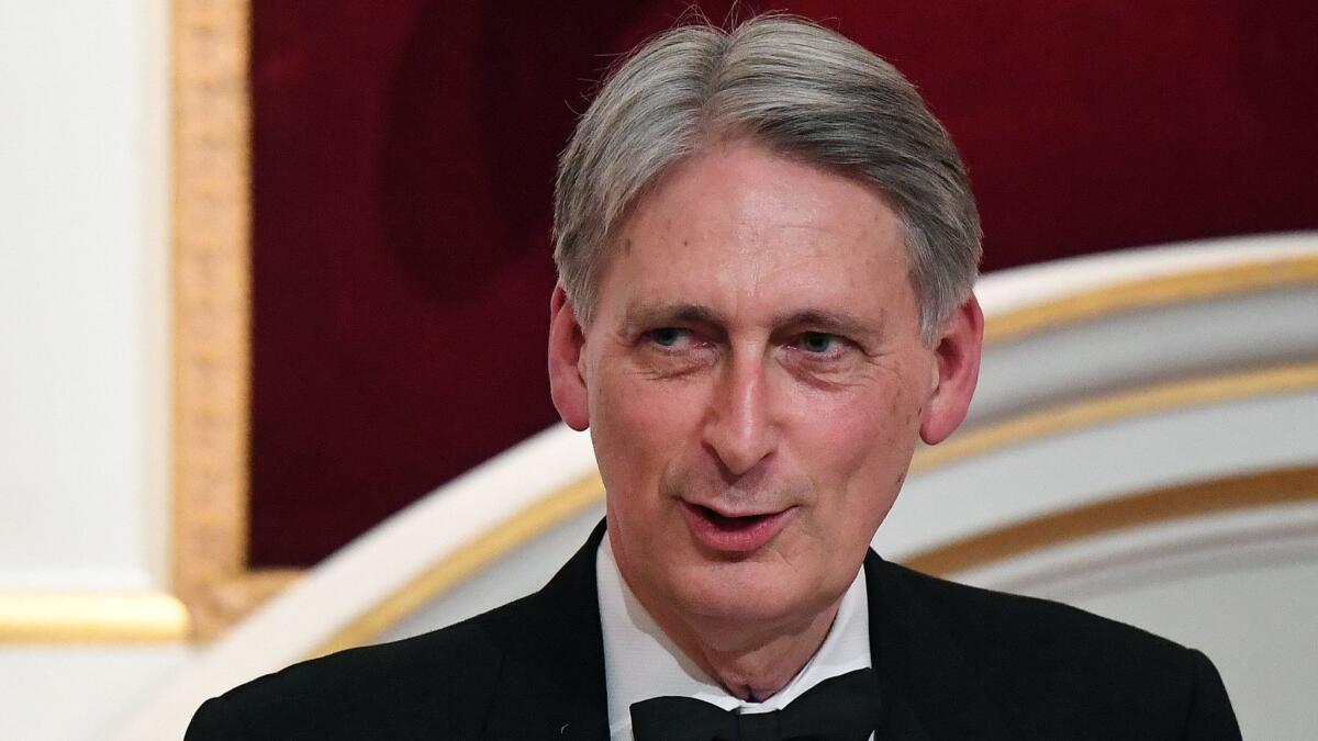 Britain's treasury chief Philip Hammond delivers a speech at the Mansion House during the annual Bankers and Merchants dinner in London, June 20, 2019.
