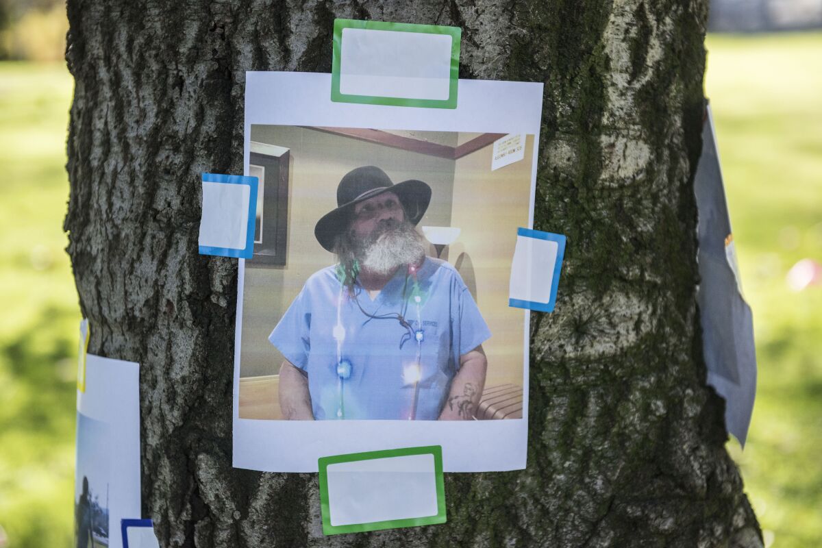A photo of Jeffrey "Animal" Pereira, posted on a tree during a memorial at Bond Park in Atwater Village.